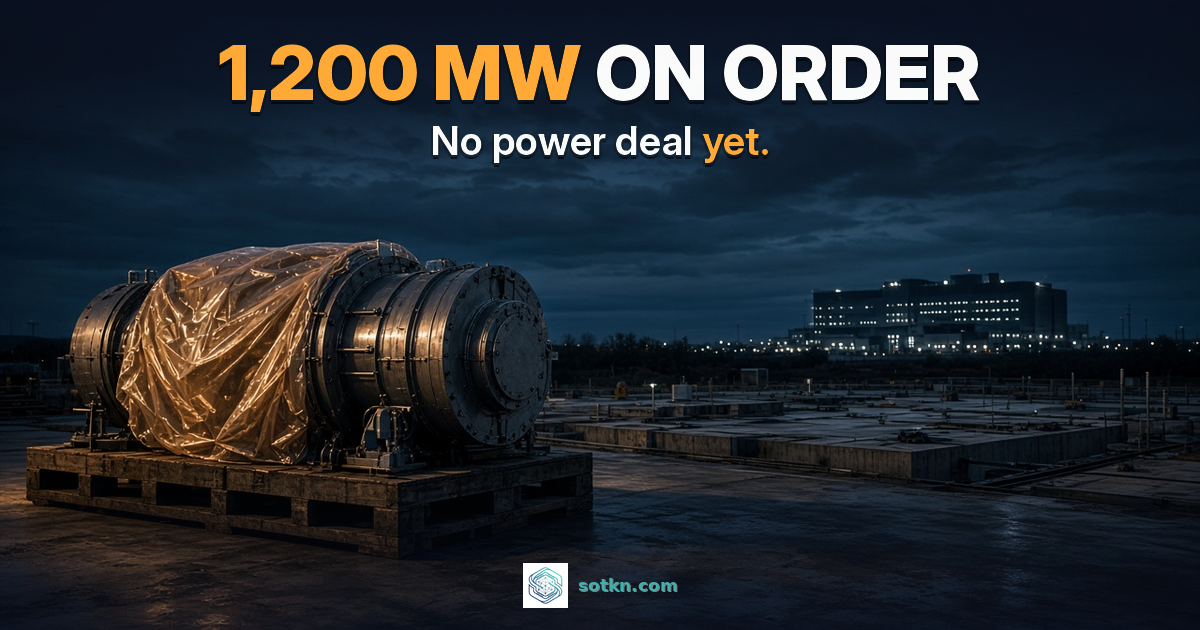 1,200 MW on order. No power deal yet. A large turbine casing wrapped in plastic on a pallet at dusk, lit amber, with a data center in the distance. Illustrative image.