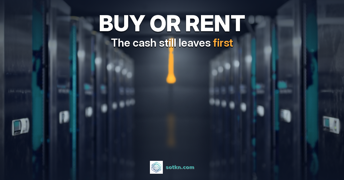 Capex vs opex — BUY OR RENT: a dark GPU rack aisle with one amber pipe at its end; the cash still leaves first