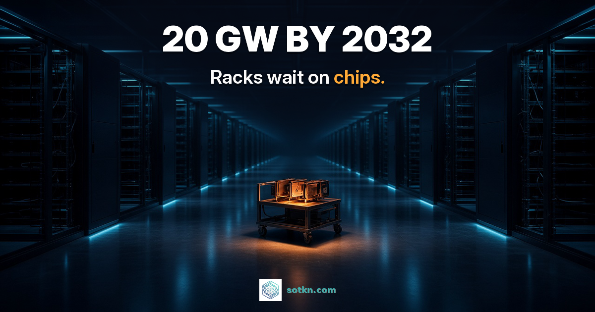 China Markets featured Oct 2026: a vast new AI data hall with empty racks and one amber-lit cart of chips; 20 GW BY 2032; Racks wait on chips. Second Order.