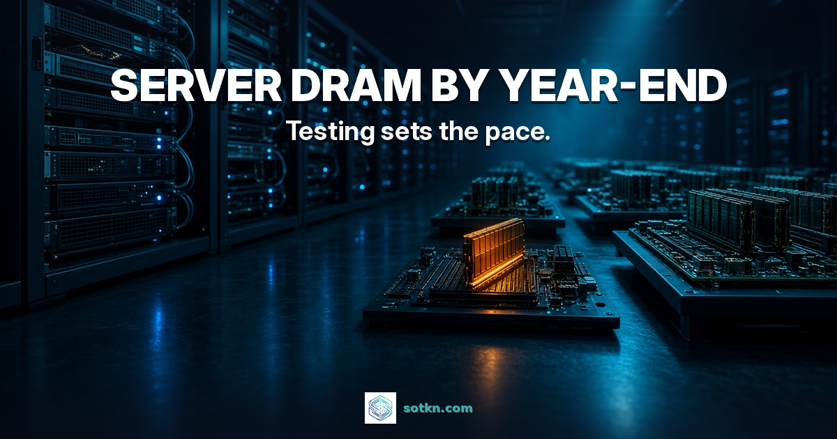 China CXMT server DRAM featured: server memory by year-end; a dark validation lab of server boards, one memory module in a test socket lit amber