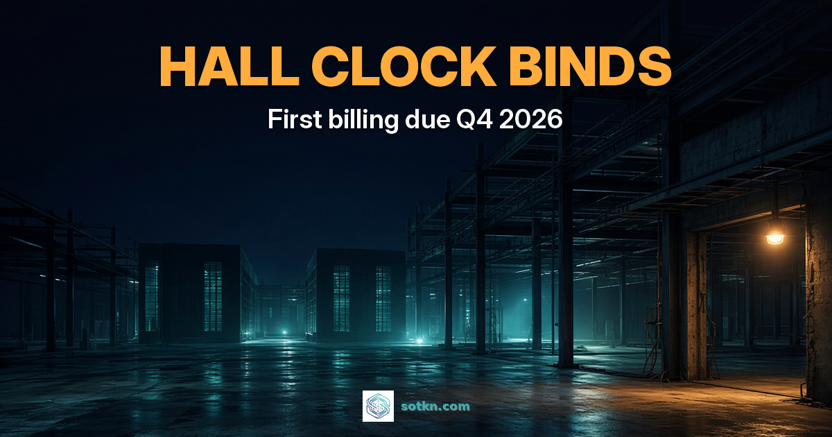 HALL CLOCK BINDS — First billing due Q4 2026. Unfinished data hall; amber work lamp marks the delivery bind.