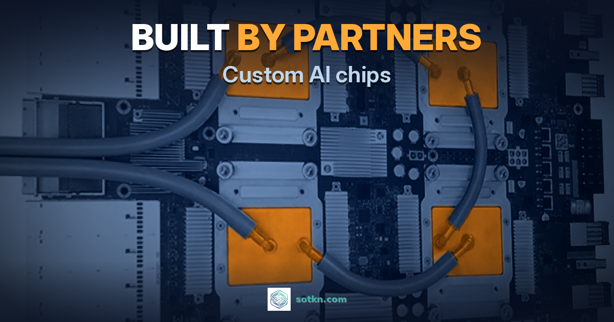 Who makes custom AI chips: a real Google TPU board with four liquid-cooled custom chips lit amber, with the words built by partners, custom AI chips