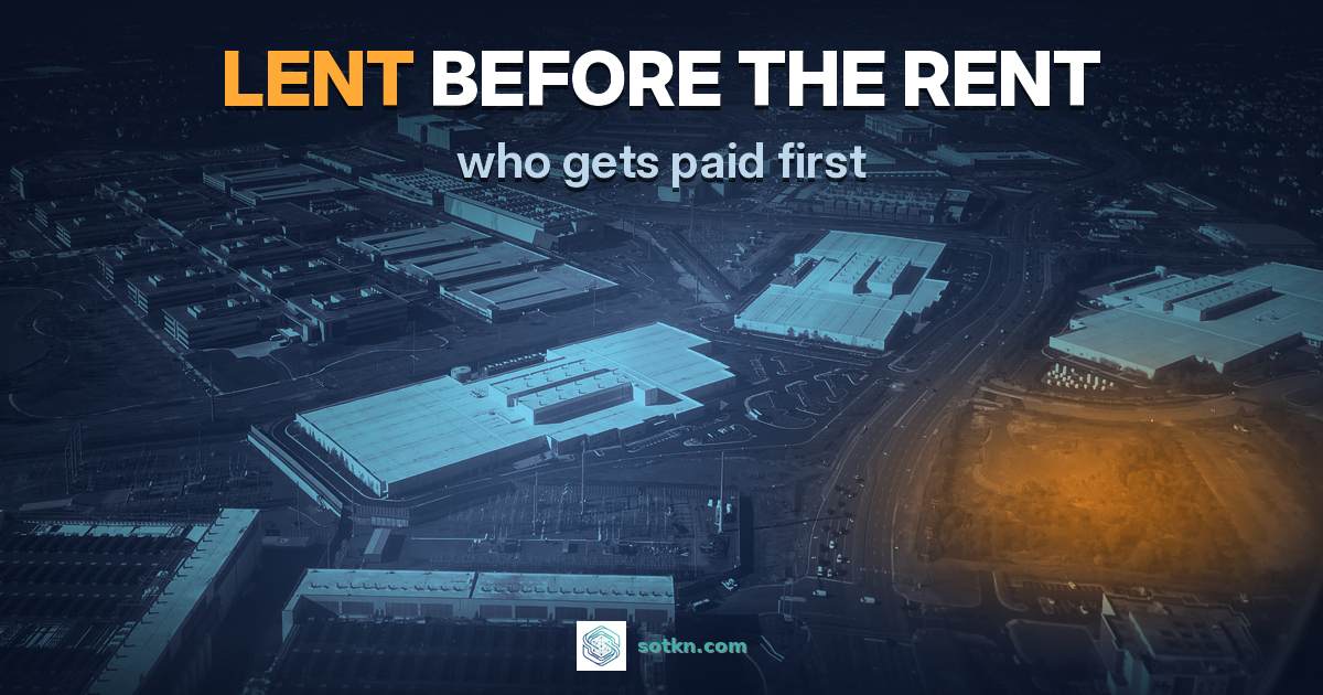 Aerial of finished data center halls and a cleared building site in Loudoun County, Virginia, with overlay Lent before the rent, who gets paid first