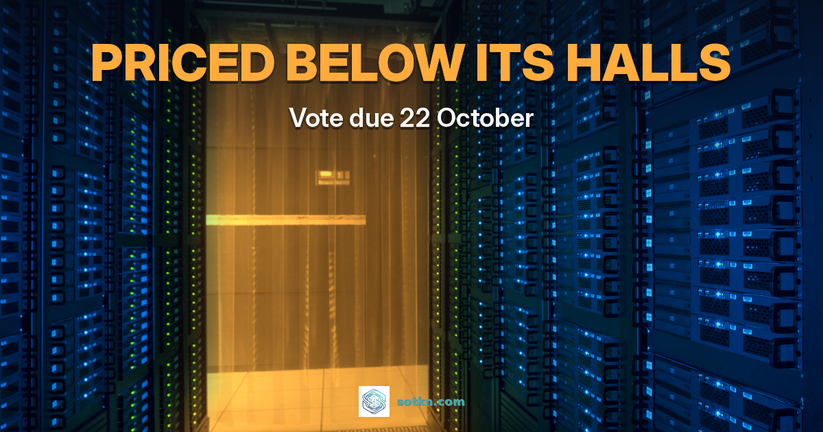 PRICED BELOW ITS HALLS — Vote due 22 October. Dark data hall aisle of blue-lit server racks with one amber-lit doorway at the end marking the bind.