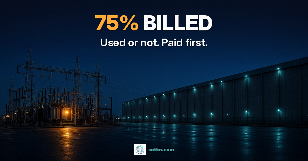 75% BILLED. Used or not. Paid first. A high-voltage substation glowing amber beside a long data center hall at night.