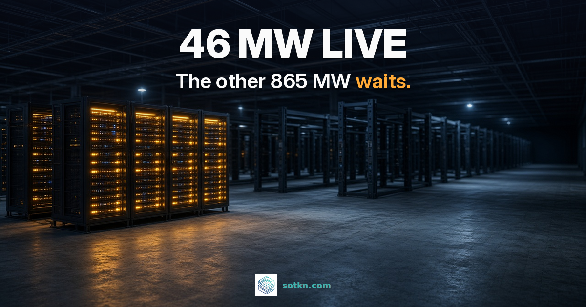 46 MW live. The other 865 MW waits. A dark AI data hall with one row of racks glowing amber and empty rack frames beyond.