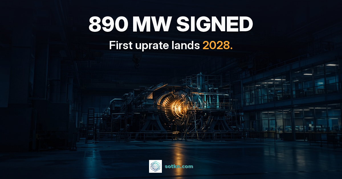 890 MW signed. First uprate lands 2028. A dark nuclear turbine hall at night with an open turbine and its rotor lit amber, the upgrade not yet finished.