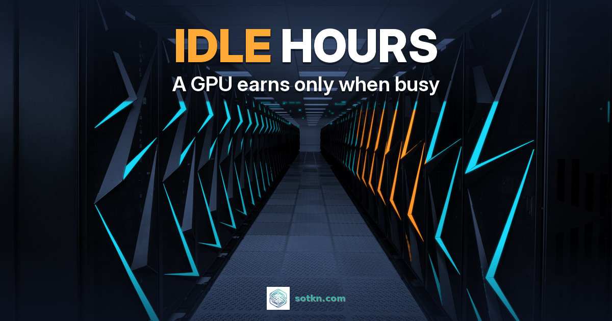 GPU utilization — IDLE HOURS: a dark GPU supercomputer aisle where most racks glow teal and one run of racks glows amber, idle