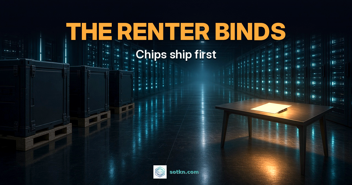 THE RENTER BINDS — Chips ship first. Delivered GPU crates and a lit data hall, with an unsigned contract on a desk.