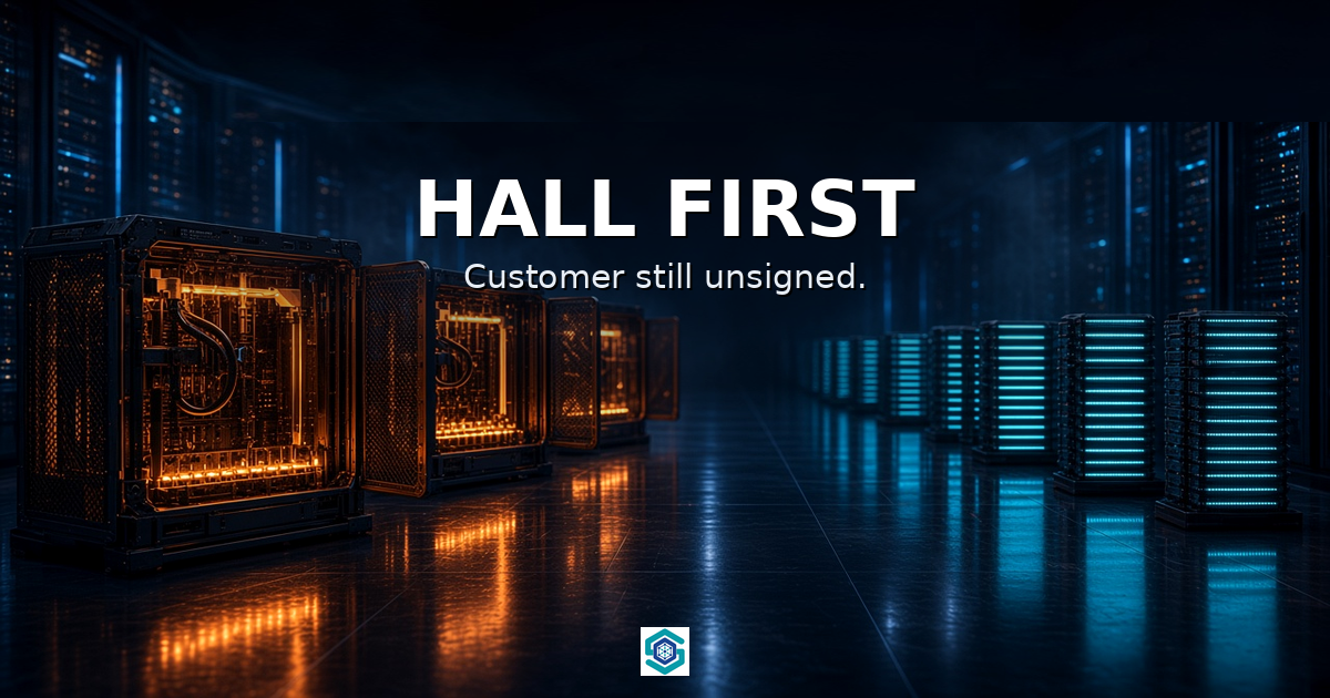 Empty amber-lit GPU cages on the left, filled teal racks on the right: hall first, customer still unsigned.