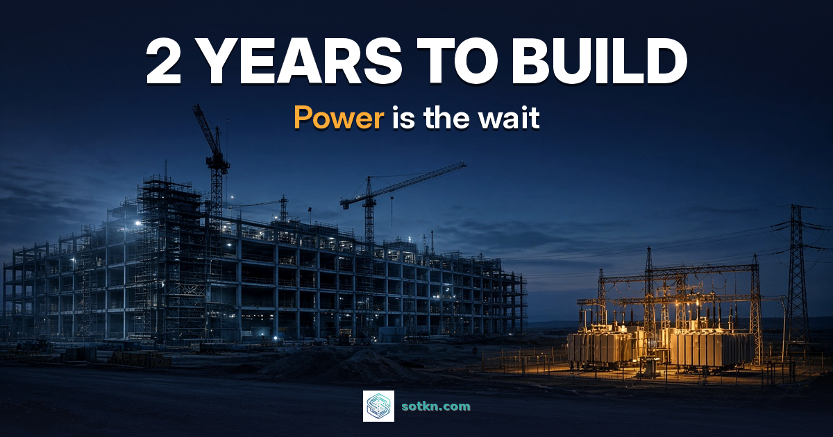 How long does it take to build an AI data center: a data hall under construction at night beside an unfinished substation lit amber, with the words 2 years to build, power is the wait