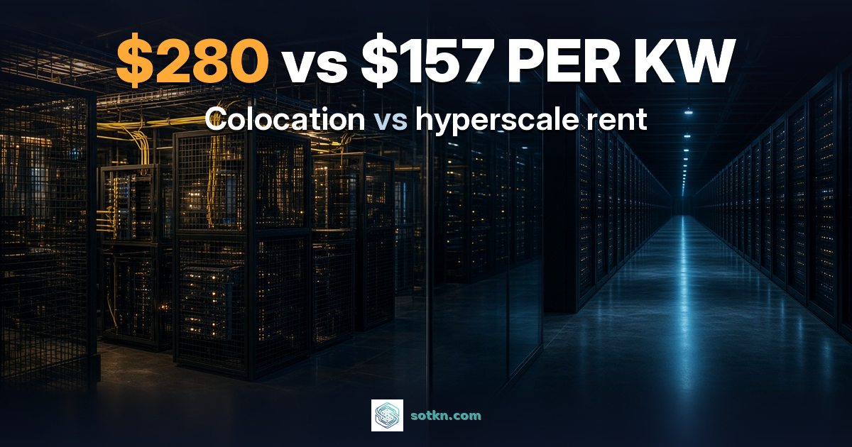 Hyperscale vs colocation data center: caged colocation suites with yellow fibre on the left, a vast uniform hyperscale hall on the right, with the words $280 vs $157 per kW, colocation vs hyp