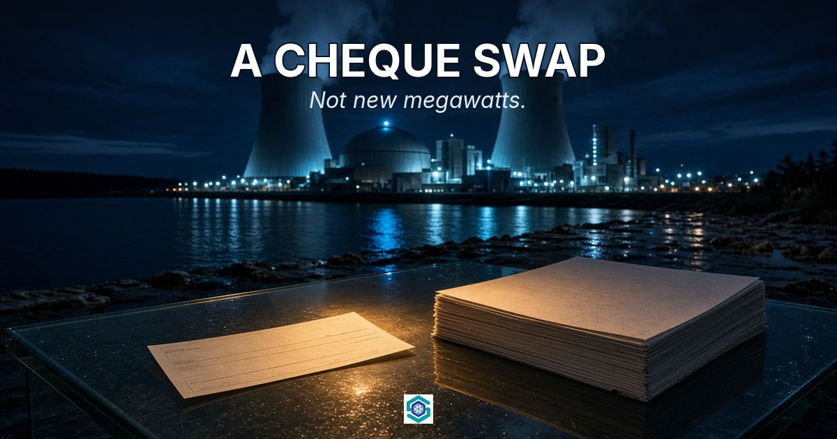 A cheque swap — not new megawatts. Operating nuclear plant at night with an unsigned filing and cheque in amber light.