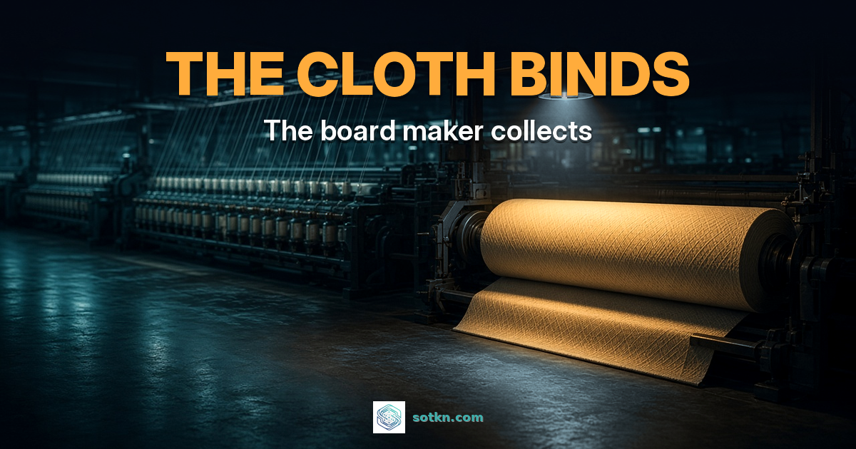THE CLOTH BINDS — The board maker collects. A roll of woven glass-fibre cloth lit amber on an industrial loom in a dark weaving hall.