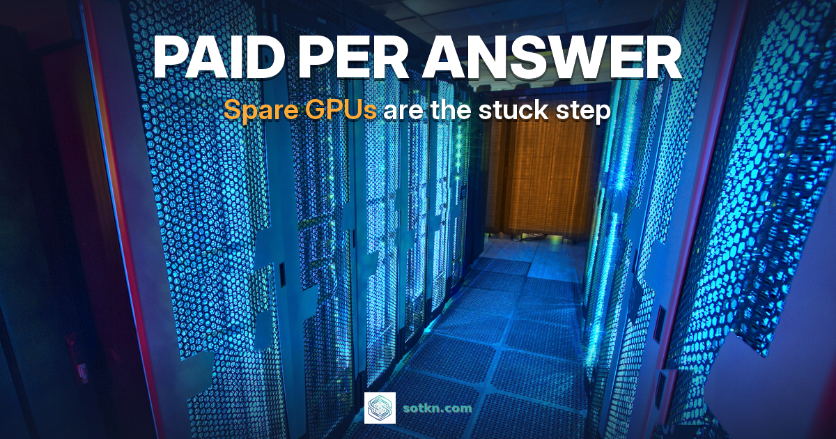 What is AI inference — PAID PER ANSWER, spare GPUs are the stuck step: a blue-lit GPU aisle with one amber rack held ready at the end