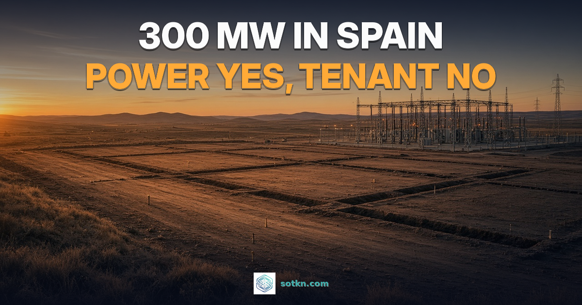 300 MW in Spain, power yes, tenant no. A graded plot with foundation trenches beside an energised substation, with no data center building yet.
