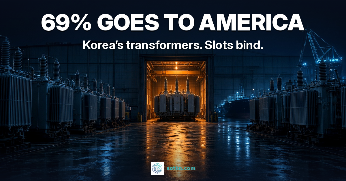 Korea power gear featured: 69% to America; photoreal harbour factory at night, one amber-lit test bay with a giant transformer between rows of finished units