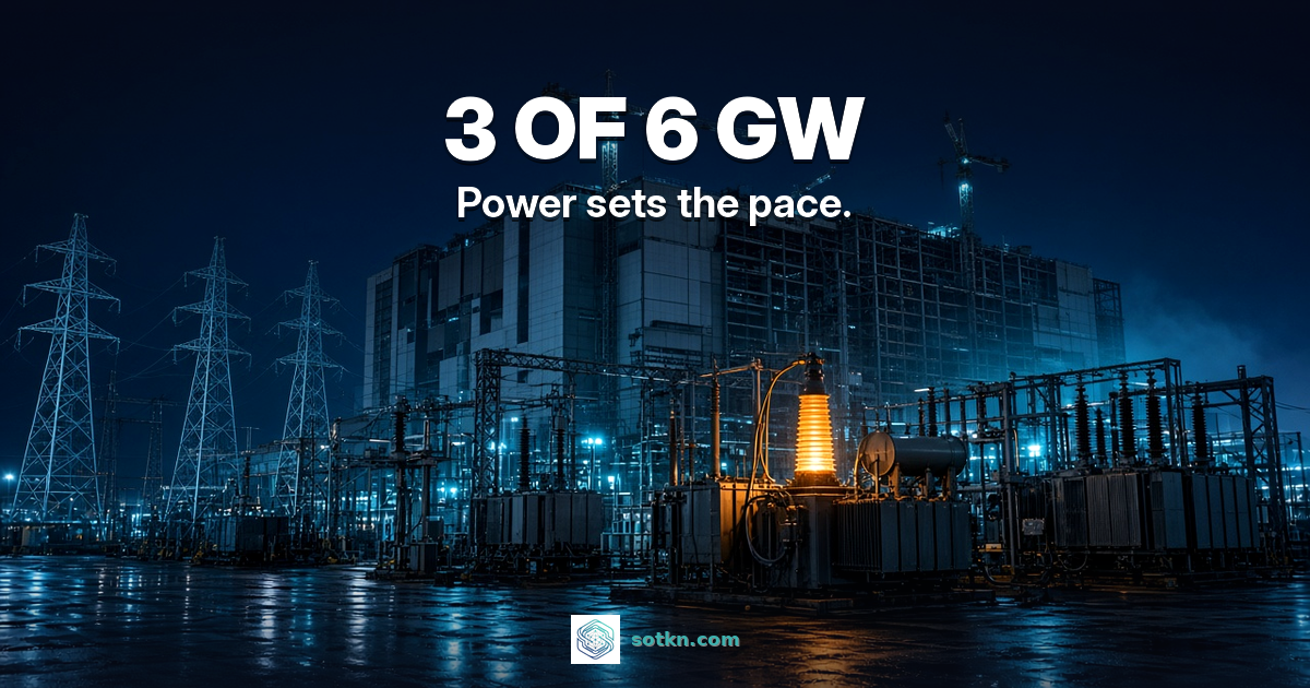 Korea fab power featured: 3 of 6 GW; a chip plant under construction behind a substation, one unconnected power hookup lit amber
