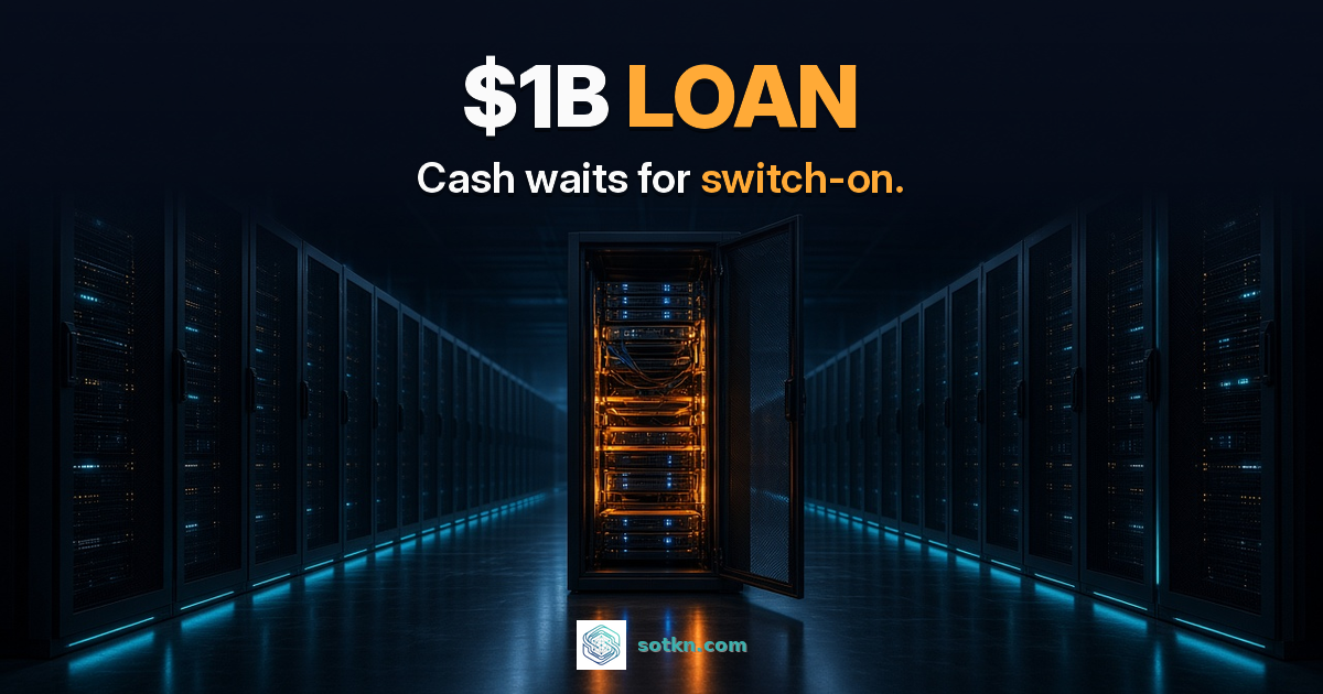 $1B LOAN — Cash waits for switch-on. A dark AI data hall with one GPU rack lit amber as it is commissioned.