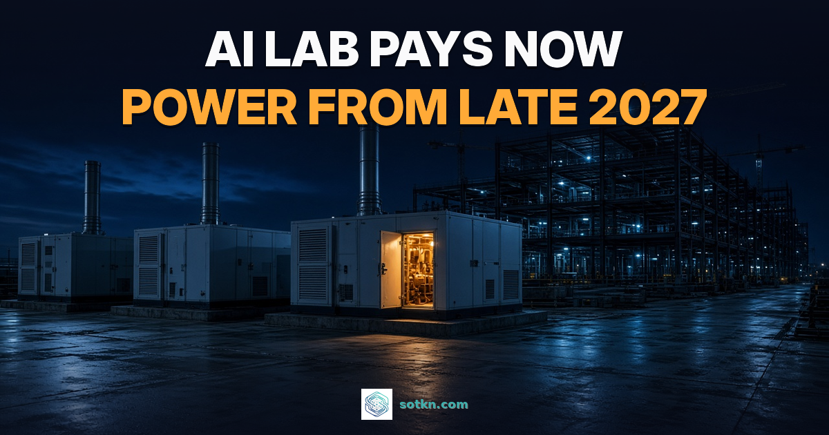 AI lab pays now, power from late 2027. Gas generator enclosures at night beside a data center under construction, one lit amber. Illustrative.