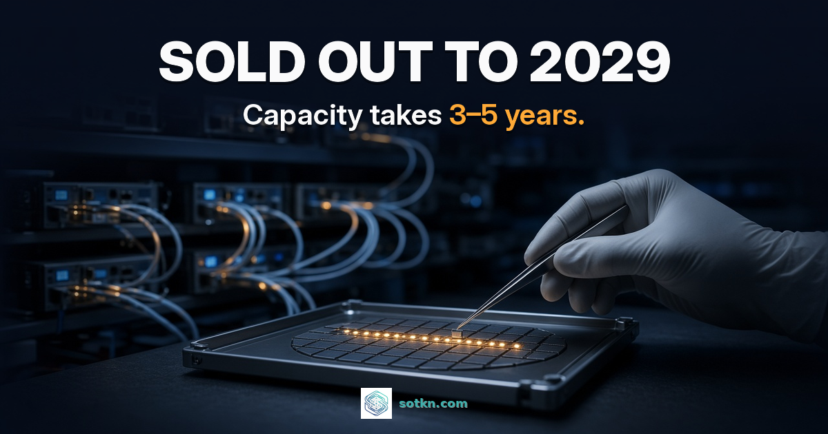 Sold out to 2029. Capacity takes 3-5 years. A gloved hand with tweezers over a tray of laser chips, one row lit amber, with fibre-optic racks behind. Illustrative image.