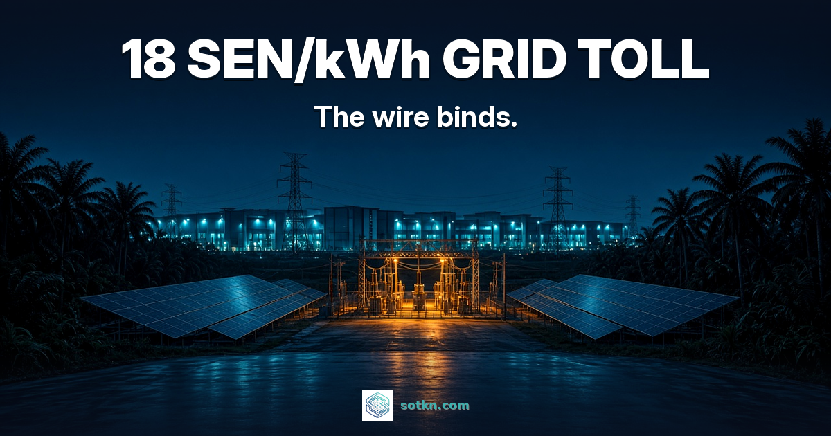 Malaysia data centre green power featured: 18 sen/kWh grid toll; photoreal solar farm at night feeding an amber-lit substation before a cyan data centre campus