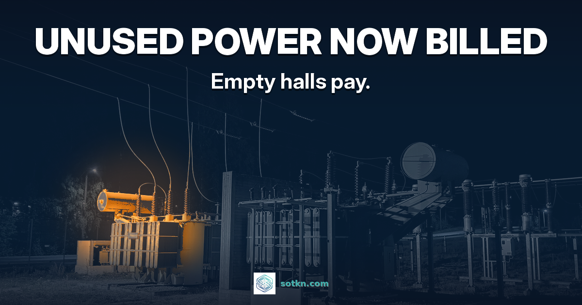 Malaysia data centre power featured: unused power now billed, empty halls pay; a night-graded substation with amber only on the one transformer whose power is booked and held
