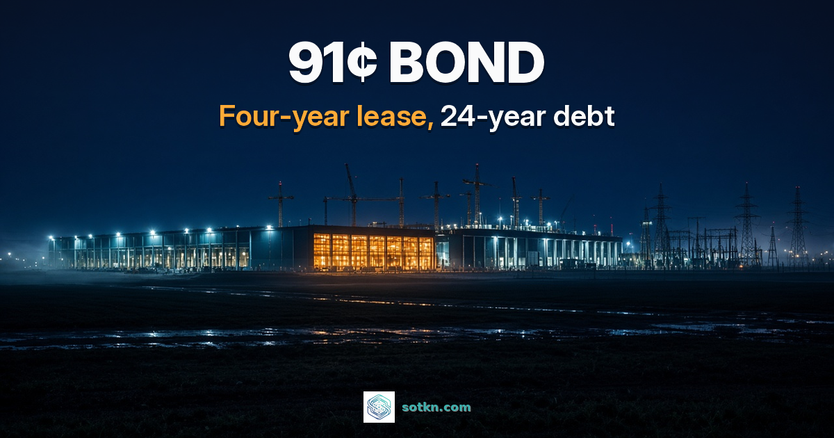 91 cent bond. Four-year lease, 24-year debt. A data center campus under construction at night on flat farmland, with one data hall lit amber.