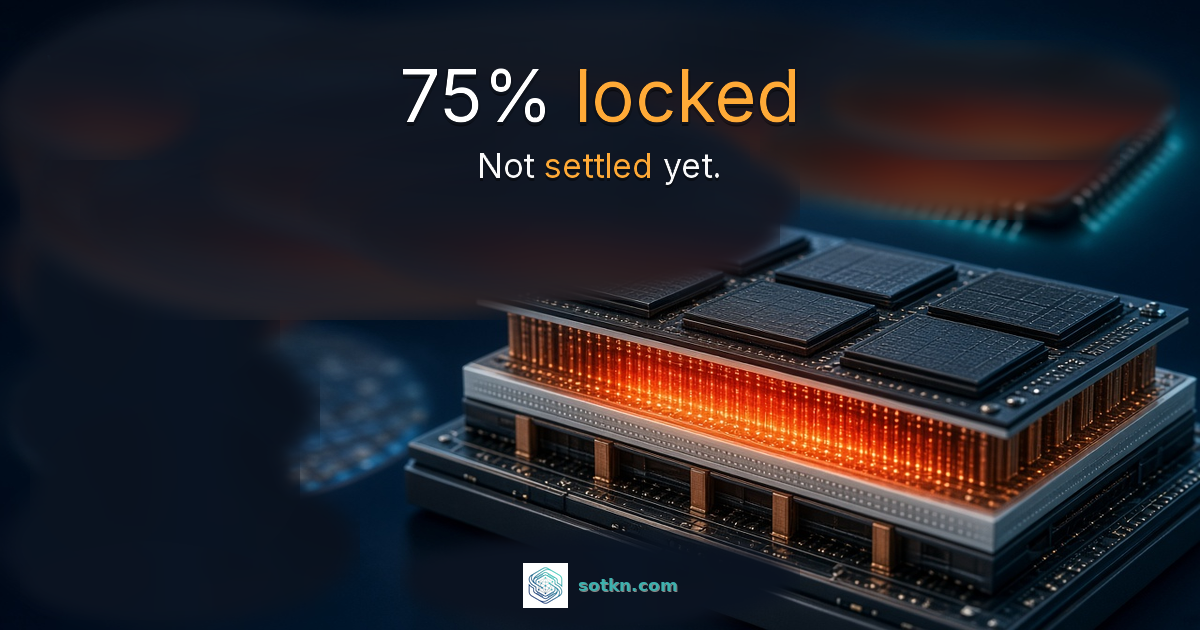 75% locked — Not settled yet. Micron commits over 75% of fiscal 2027 memory output; amber on the commitment bind on a photoreal board.