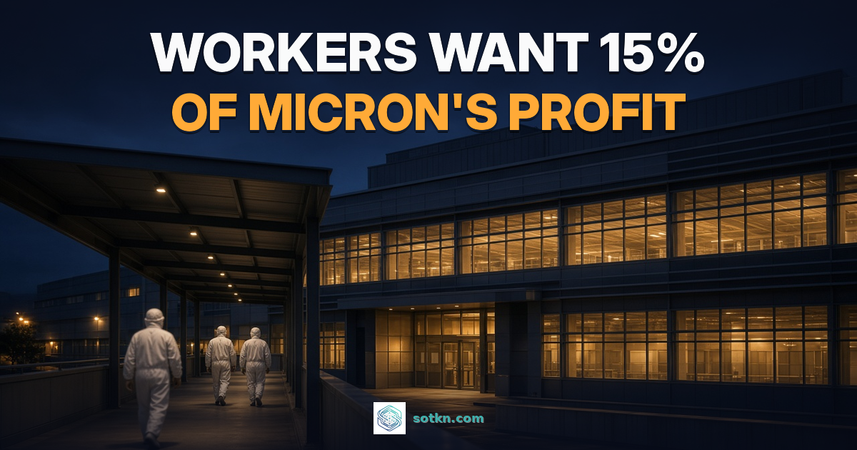 Workers want 15% of Micron's profit. Cleanroom workers walk along a covered walkway toward a lit memory chip plant at dusk.