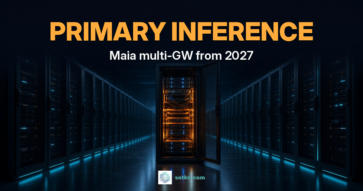 PRIMARY INFERENCE, Maia multi-GW from 2027. A dark data center aisle of server racks at night with teal floor light, one amber-lit rack in the centre.