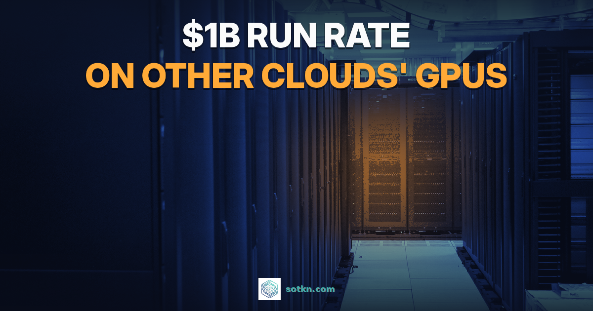$1B run rate on other clouds' GPUs. A data center aisle of server racks graded navy, with an amber glow on the far rack.