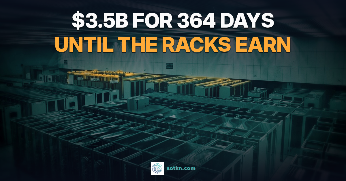 $3.5B for 364 days, until the racks earn. Data hall with rows of server racks, one row lit amber. Illustrative.
