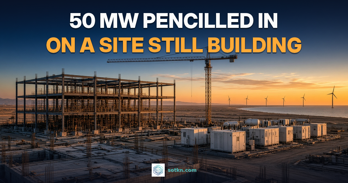 50 MW pencilled in on a site still building. An unfinished data center frame, crane and unconnected power skids on a desert coast at dusk.