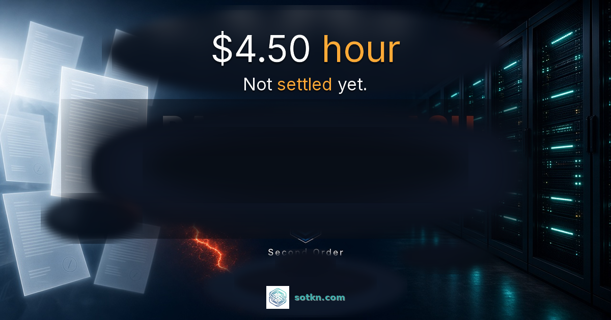 $4.50 hour — Not settled yet. Nebius Oct 1 on-demand GPU-hour card; amber on the list/billing bind on a photoreal GPU cloud aisle.