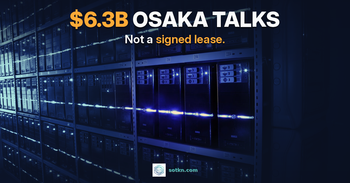 $6.3B Osaka talks. Not a signed lease. Photoreal data-center hall with amber aisle bind.