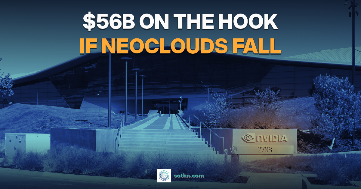 $56B on the hook if neoclouds fall. Nvidia's headquarters entrance and sign in Santa Clara, graded navy, with an amber glow on the Nvidia sign.