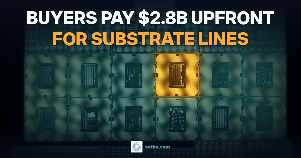 Buyers pay $2.8B upfront for substrate lines. Rows of processor package undersides graded navy and teal, with one package lit amber.