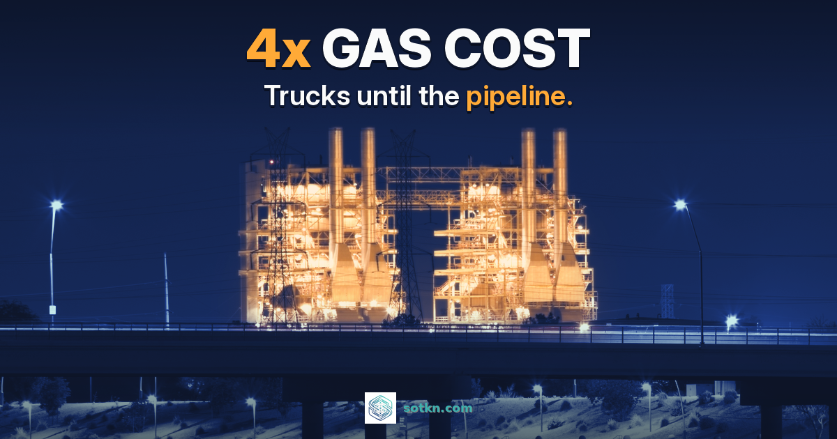 4x gas cost. Trucks until the pipeline. A gas-fired power plant lit amber at night beside a highway bridge, graded navy. Illustrative image, not an Oracle site.