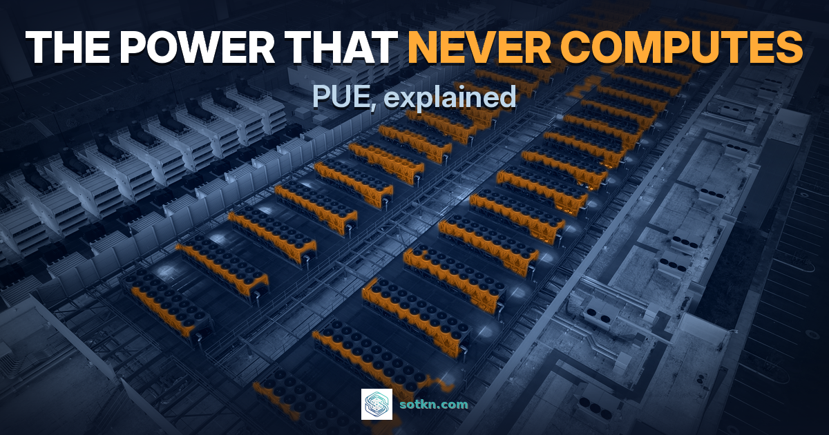 PUE explained: a real data center roof at dusk with rows of fan coolers lit amber, with the words the power that never computes