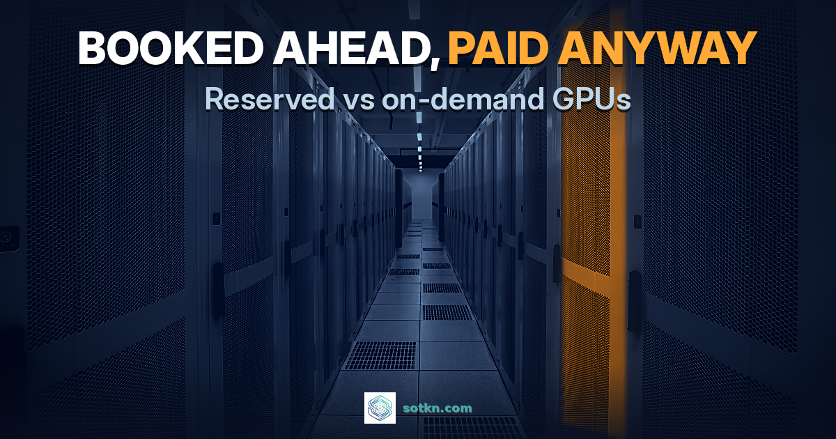 Reserved vs on-demand GPU: a dark aisle of identical locked rack cabinets, one cabinet door lit amber as the reserved rack that bills whether or not it runs