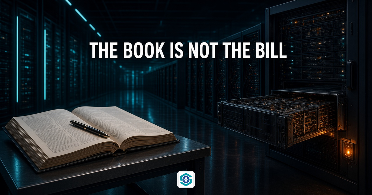 Photoreal GPU hall: an open ledger on a steel table beside a pulled-out server sled — the book is not the bill