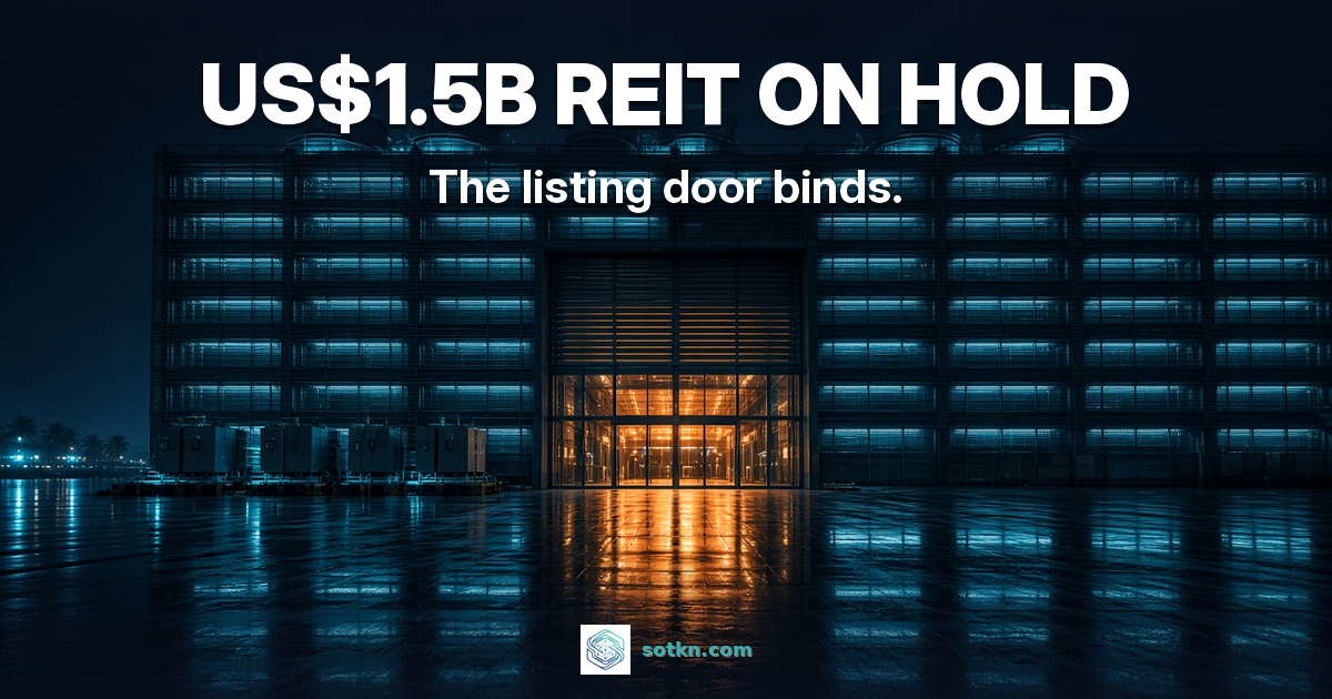 Singapore data centre REIT featured: US$1.5B REIT on hold; photoreal waterfront data centre at night with an amber-lit shuttered entrance