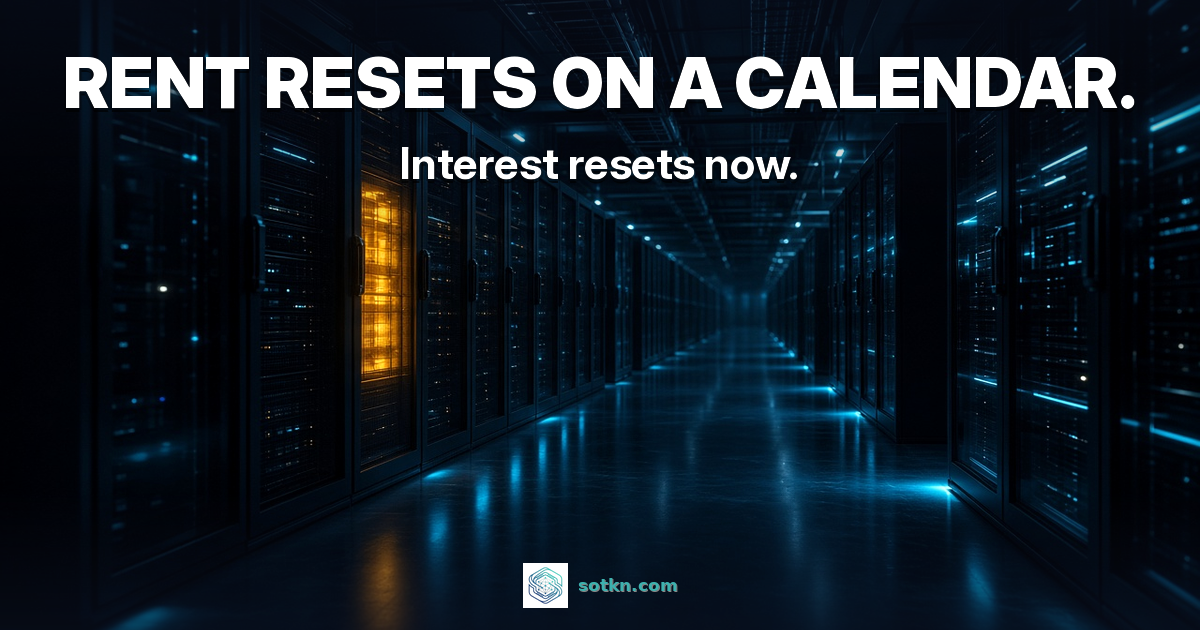 Singapore data centre featured: rent resets on a calendar, interest resets now; a dark colocation hall with one cabinet glowing amber, the contract up for renewal