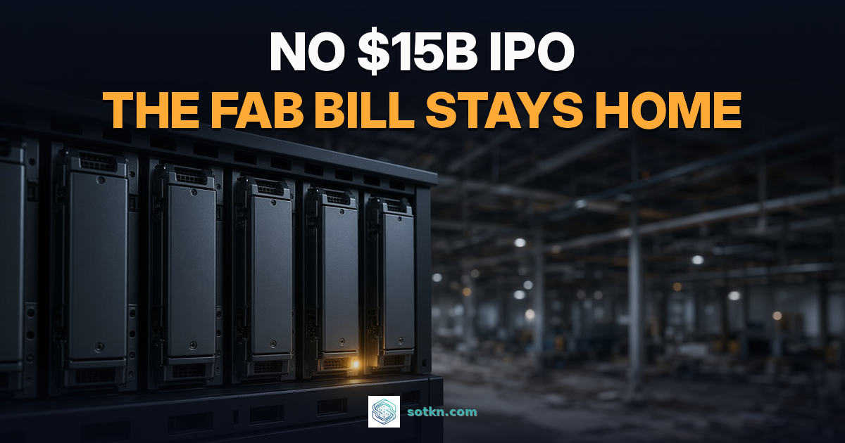No $15B IPO, the fab bill stays home. Data center SSD drives in a storage sled in front of an empty, unfinished fab bay.