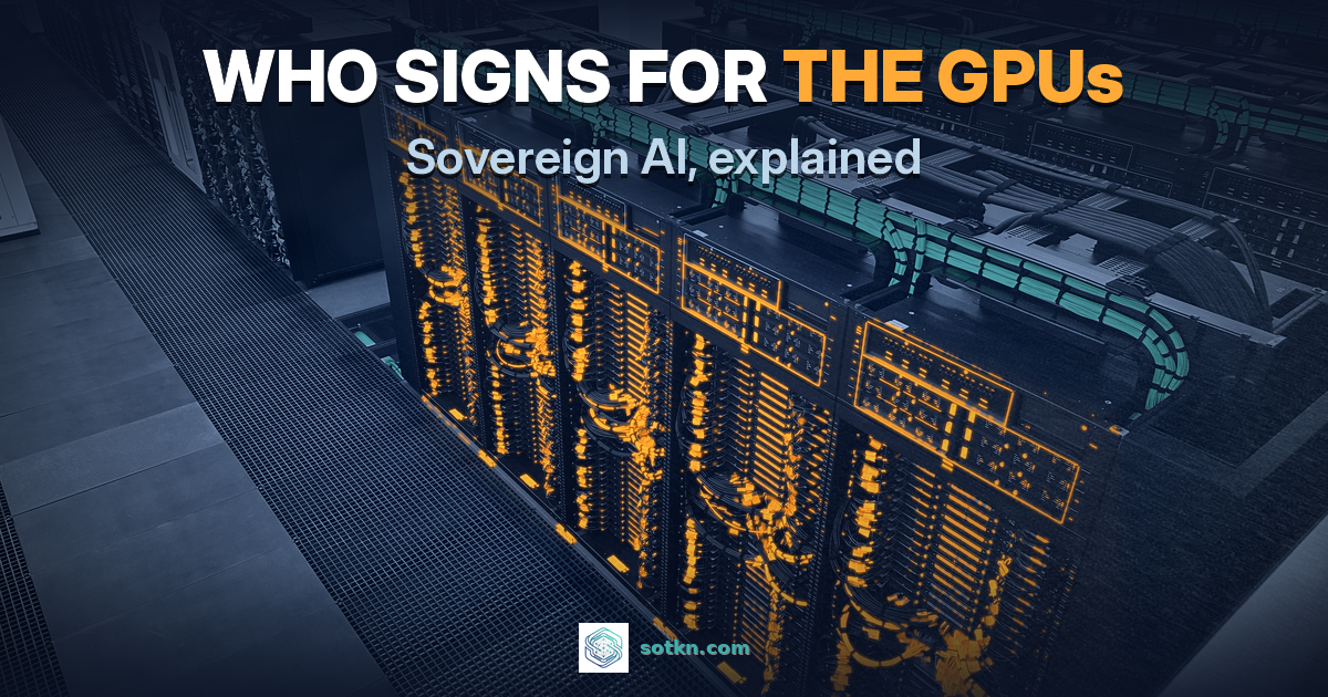 Sovereign AI explained: a real national supercomputer hall with the front rack block lit amber, with the words who signs for the GPUs