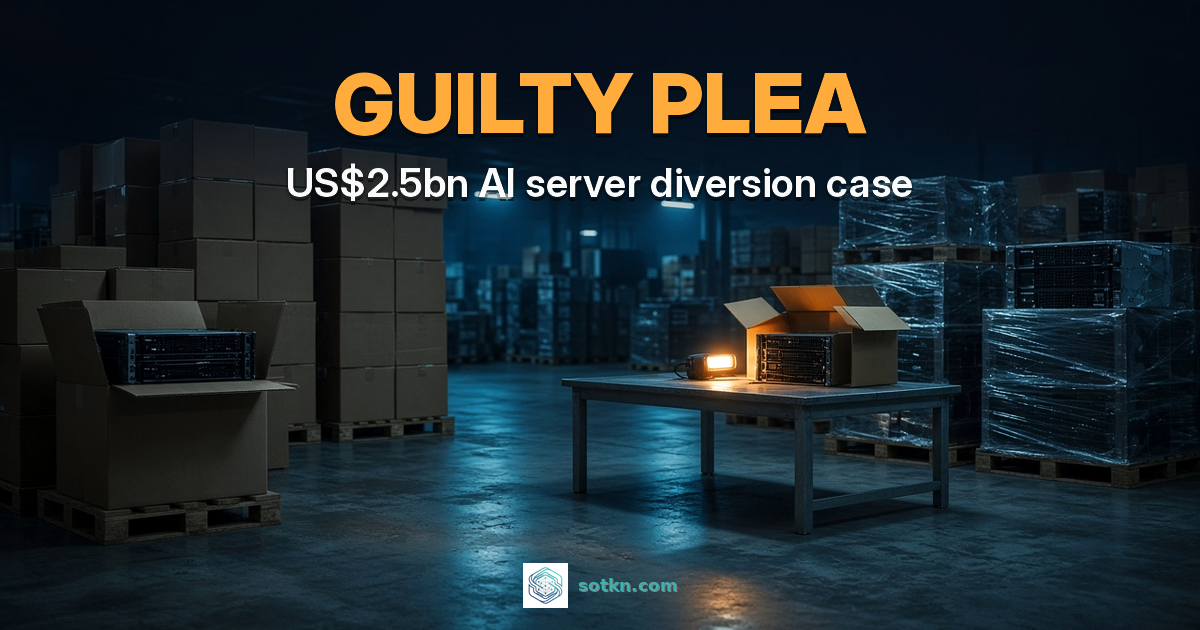 GUILTY PLEA, US$2.5bn AI server diversion case. Dim customs warehouse of unmarked server boxes, one amber lamp lighting an opened server box on a table.