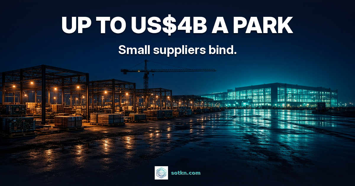 Taiwan AI supplier parks featured: up to US$4B a park; photoreal Texas park at night with small amber-lit supplier sheds before a cyan server plant