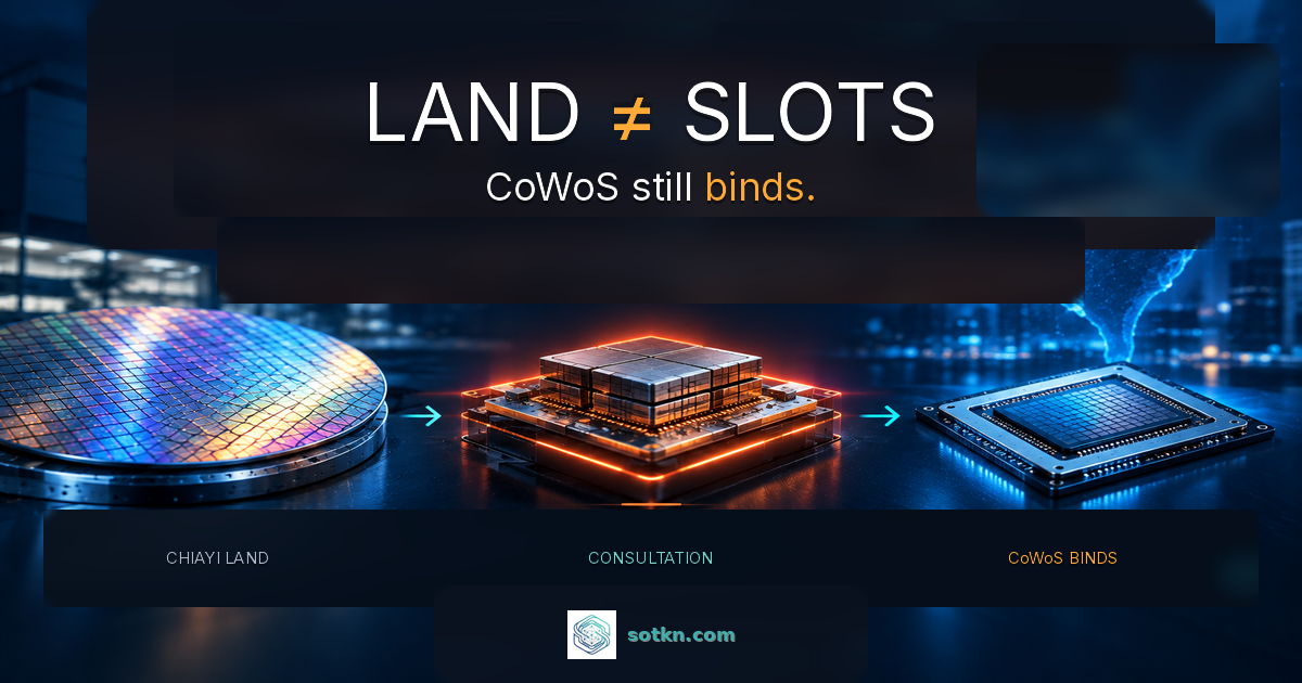 Taiwan Markets featured Oct 2026: Chiayi packaging-park land consultation; LAND ≠ SLOTS; CoWoS still binds. Second Order.