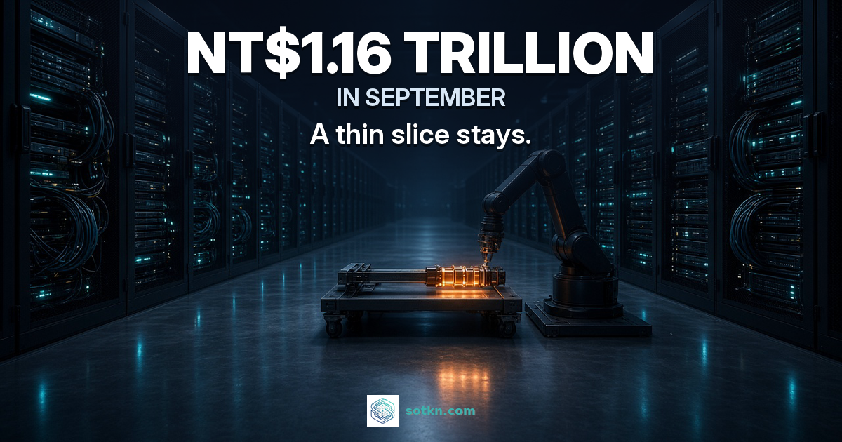 Taiwan Markets featured Oct 2026: AI rack factory floor at night, one amber-lit tray on a test bench; NT$1.16 TRILLION IN SEPTEMBER; A thin slice stays. Second Order.